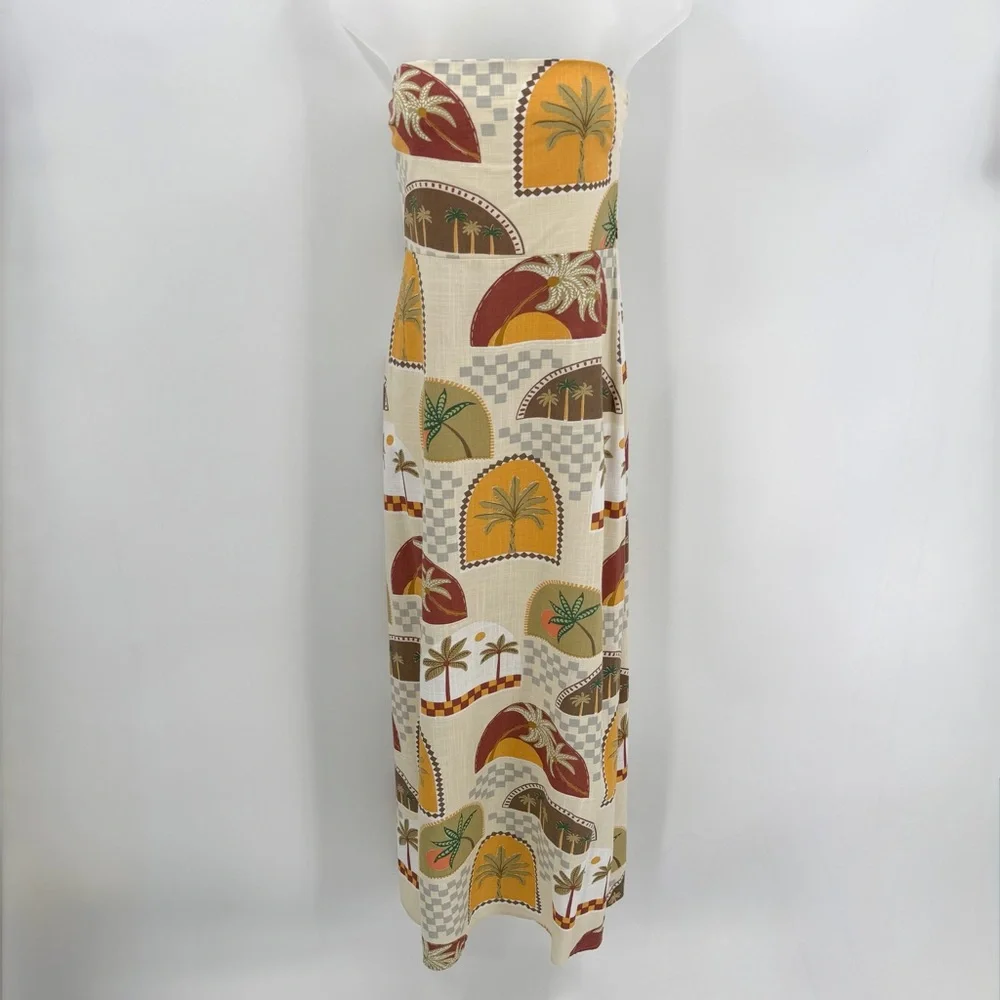 Paper Heart Dress Womens L Linen Blend Strapless Maxi Tropical Palms Long NWT